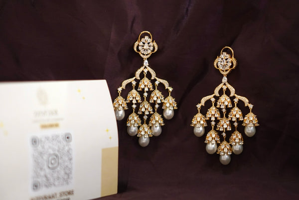Handcrafted Brass Kundan Earrings with CZ Stones & Pearl Drops | Bridal & Festive Jewellery