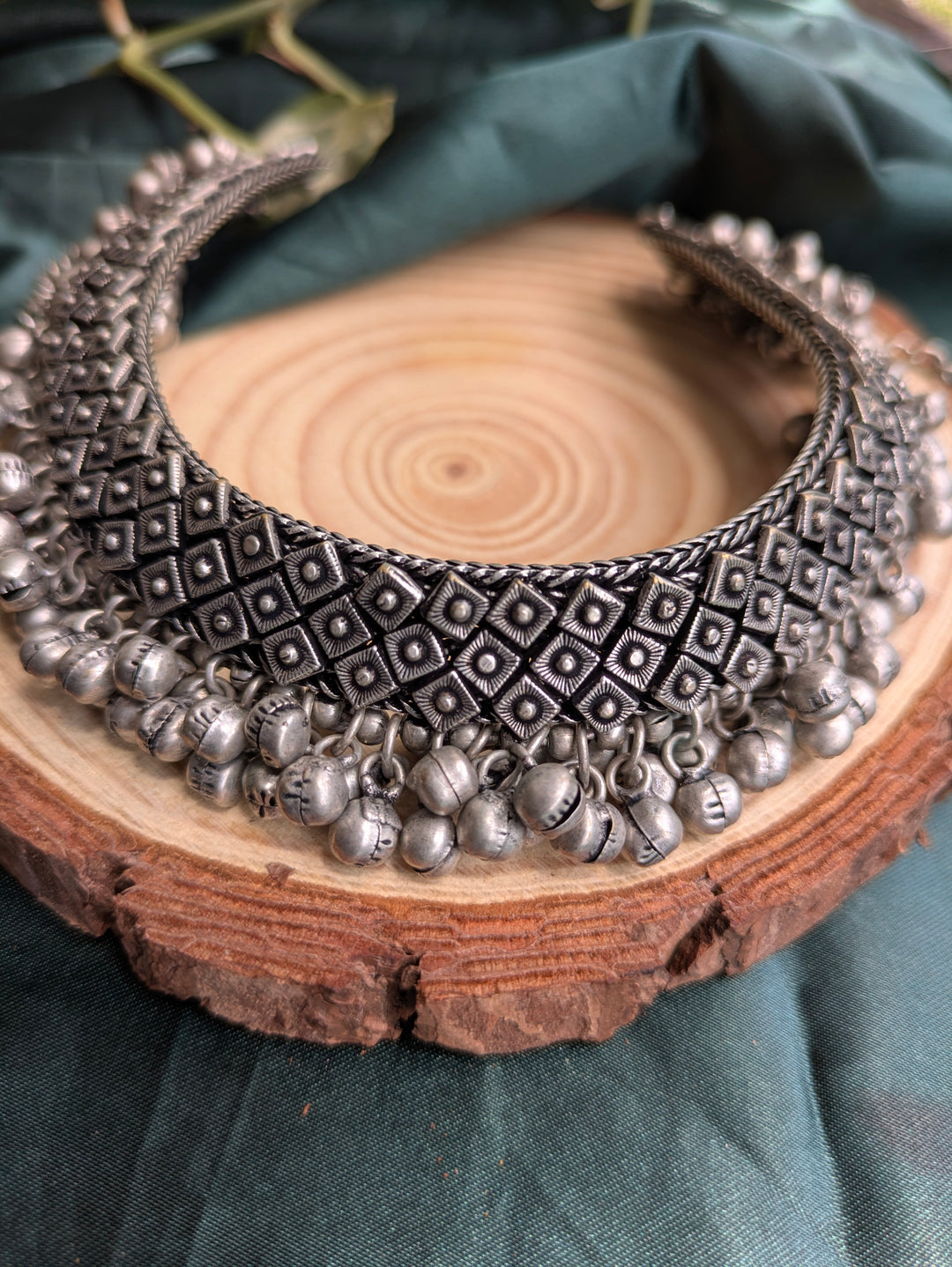 Oxidised Silver Geometric Ghungroo Choker