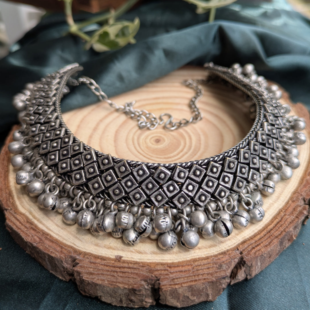 Oxidised Silver Geometric Ghungroo Choker