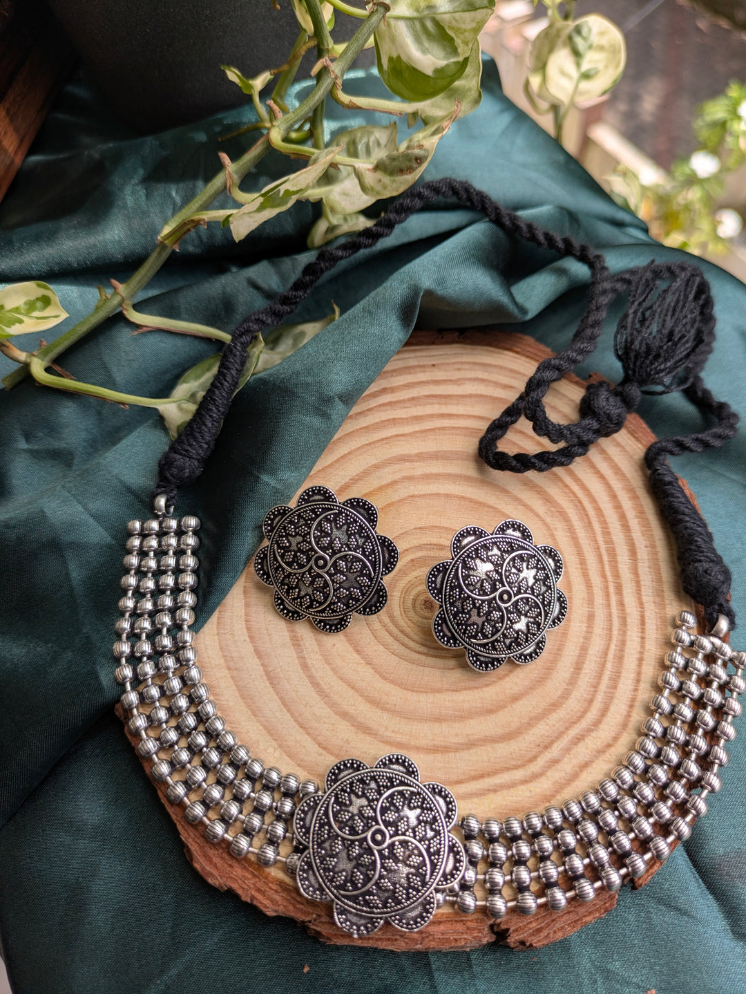 Oxidised Silver Heritage Floral Choker Set