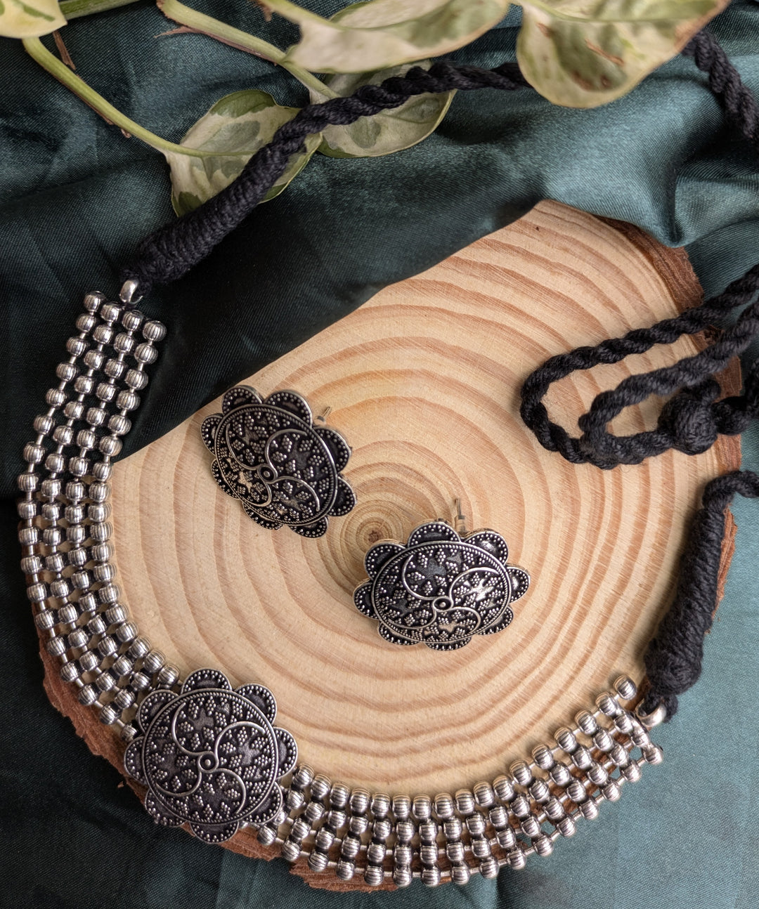 Oxidised Silver Heritage Floral Choker Set