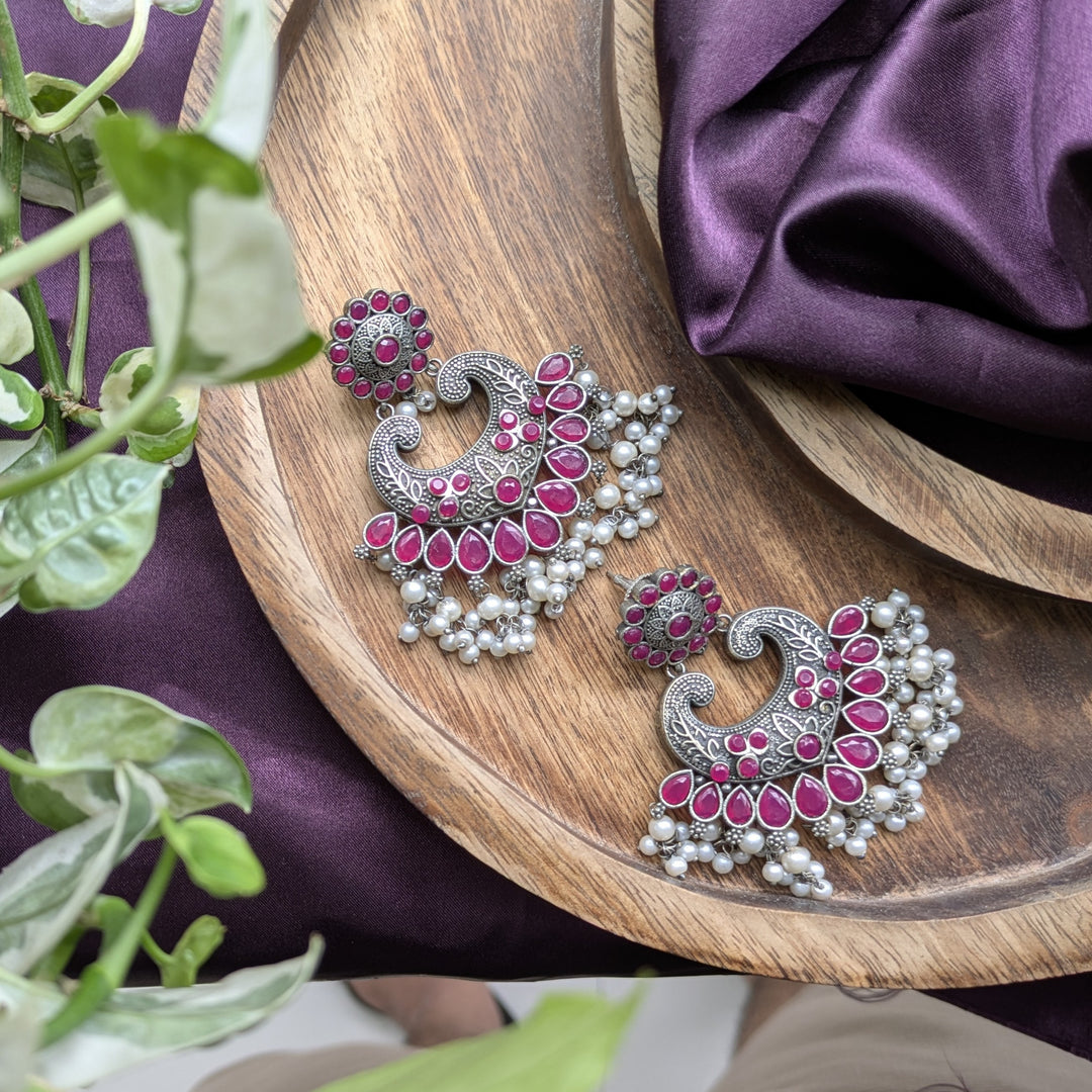 Oxidised Silver Chandbali Earrings with Red Stones & Pearls