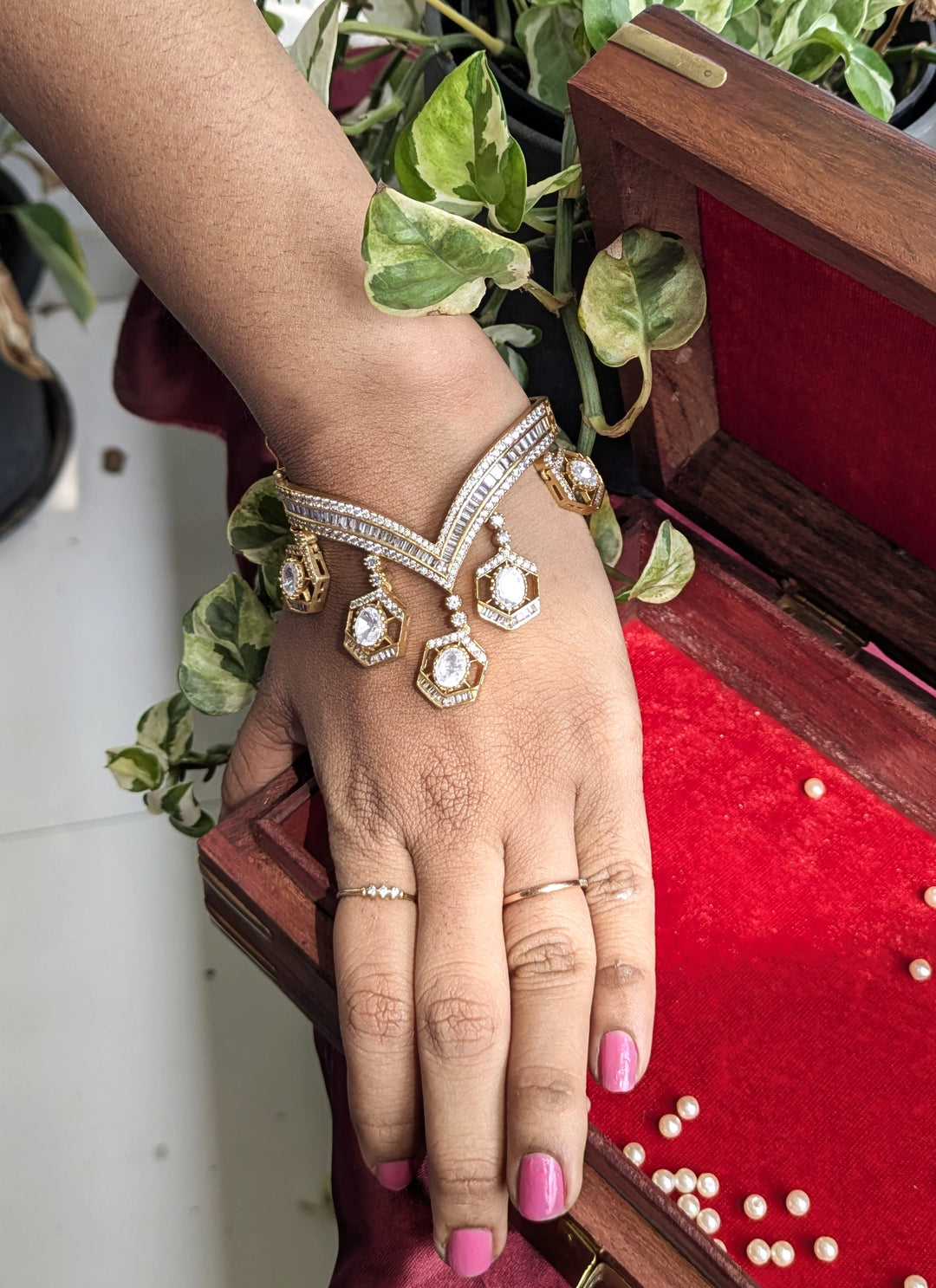 Aabha Cubic Zirconia Drop Pendant Bracelet on Premium Gold Plated Brass