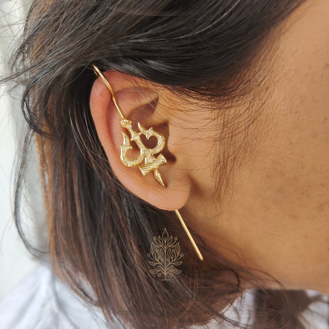 Trishool Design German Silver Earcuff | Tribal Oxidised Statement Ear Jewellery