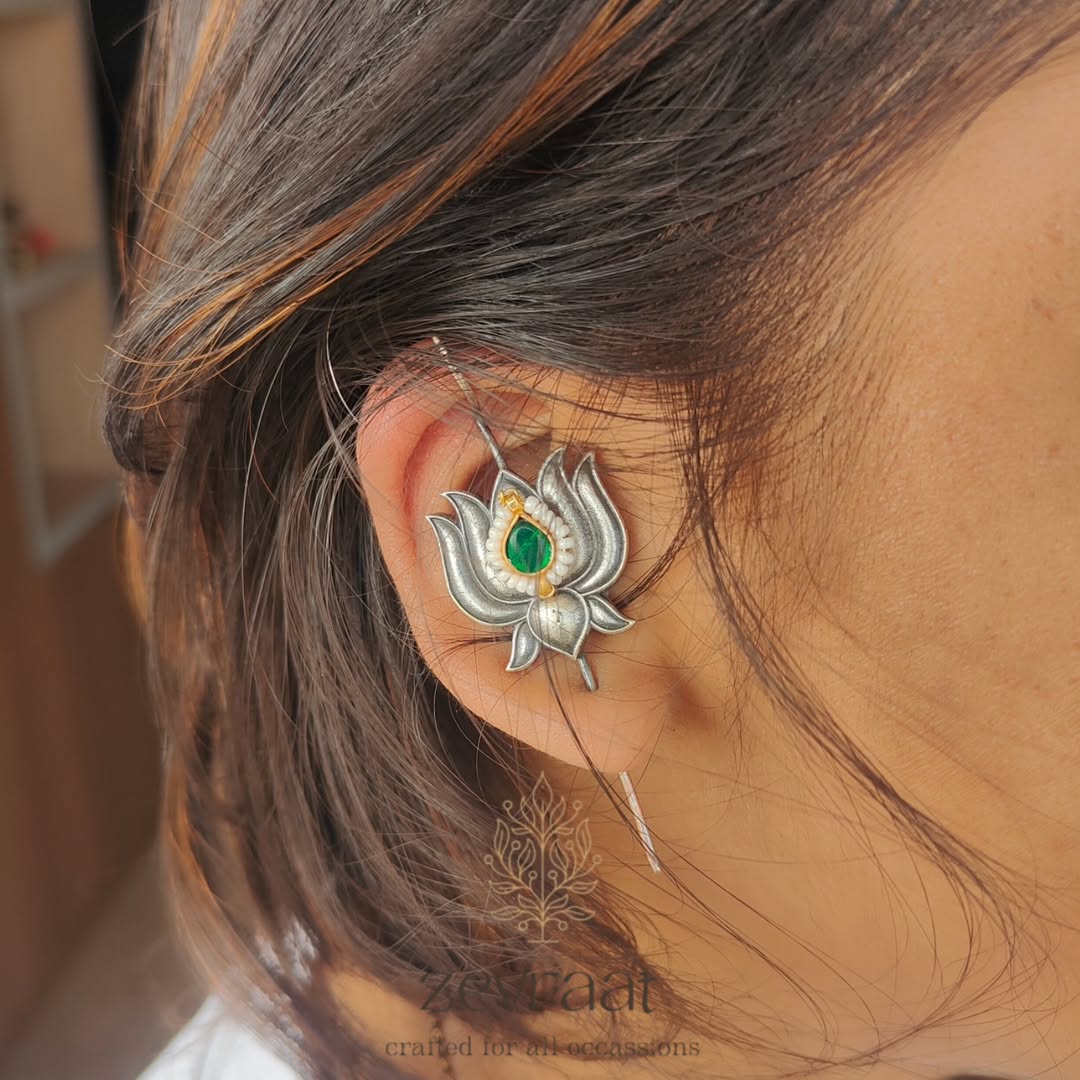 Lotus Design German Silver Earcuff | Oxidised Statement Ear Jewellery