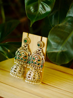 Load image into Gallery viewer, Oxidized Silver Jhumka Earrings with Green Stone Detailing
