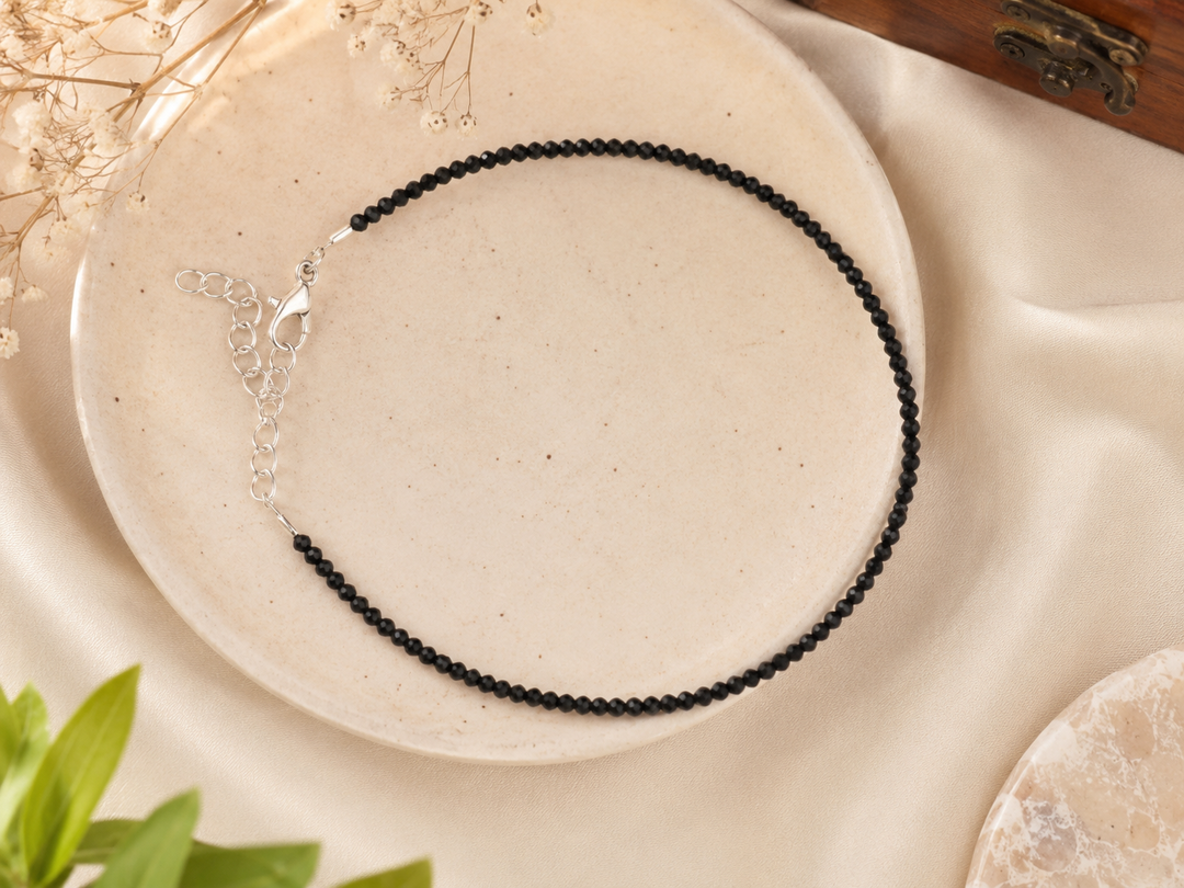 Handmade black crystal beaded oxidized silver anklet with adjustable chain for women, minimalist boho foot jewelry, elegant everyday silver anklet for ethnic and western outfits.
