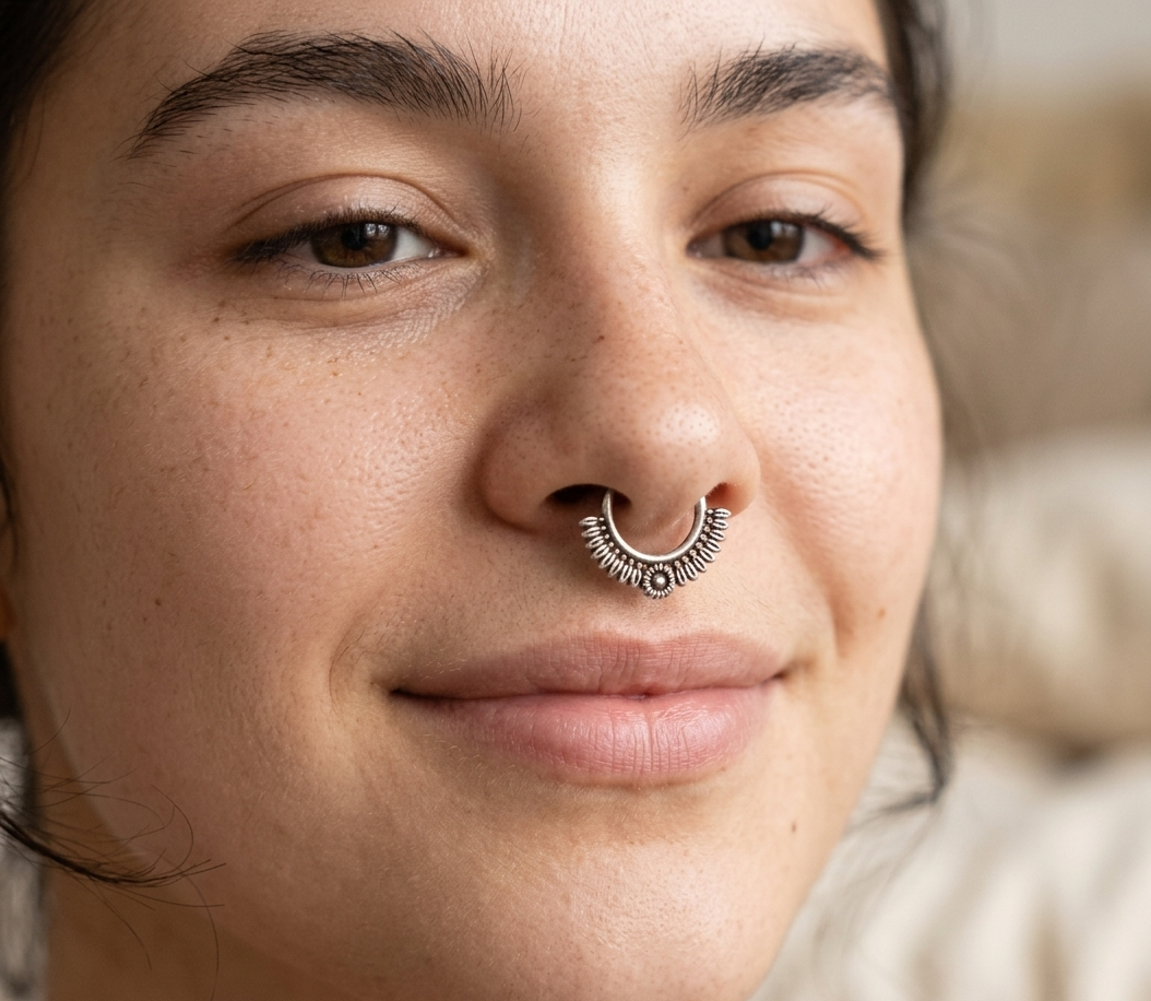 Close-up of a woman wearing an oxidized silver septum ring with intricate tribal detailing, styled in a natural minimal look.